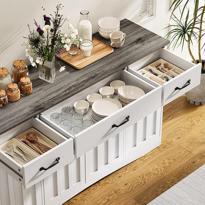 Gizoon Sideboard Buffet Cabinet with Storage, Modern Kitchen Sideboard and Coffee Bar with Drawers and Doors, Wood Buffet Table for Dining Room, 15.2" D x 55.1" W x 31.9" H, White/Grey