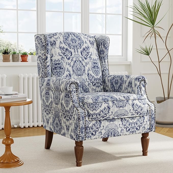 Accent Chair Set of 2, Upholstered High Back Floral Armchair with Nailhead Trim & Wood Legs, Comfy Wingback Reading Single Sofa Chair for Small Spaces, Living Room, Bedroom-Navy Blue Floral