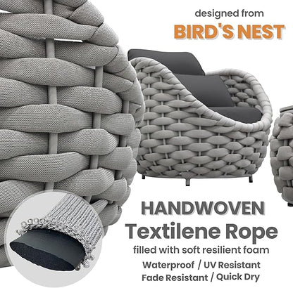 4 Pieces Courtyard Seating Set: Aluminum Woven Rope Patio Furniture Chair Set - All Weather Metal Outdoor Conversation Set - Assembled Armchair w/Table for Bistro Deck Porch Balcony Pool Hotel