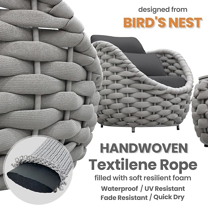 Woven Rope Patio Furniture Set: 4 Pieces Aluminum Outdoor Conversation Sofa Set Assembled - Modern Couch Set Cushioned - All Weather Metal Porch Seating for 5 Person Deck Garden Hotel Resort