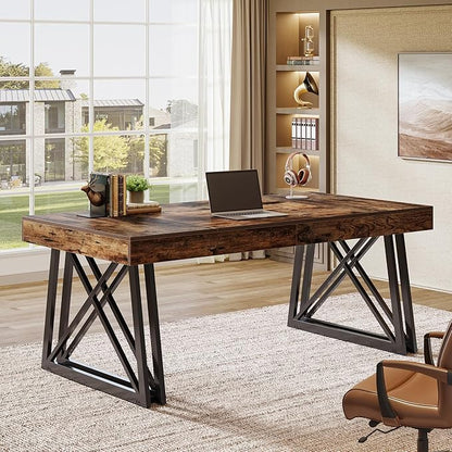 Tribesigns 63-Inch Executive Desk, Farmhouse Office Computer Desk with Sturdy X-Shaped Legs, Large Writing Table Business Furniture Workstation for Home Office, Study (Rustic Brown & Black)