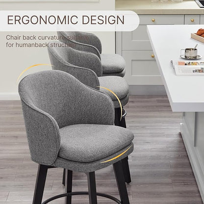 Counter Height Barstools 26 inch Upholstered Swivel Bar Stools with Back and Wood Legs for Kitchen Island,Set of 1,Dark Grey Fabric