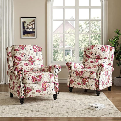 Pushback Recliner Chair, Upholstered Armchair Wingback Recliner Chair, Floral Fabric Push Back Recliner with Wood Legs, Rivet Trim Single Sofa Accent Chair for Living Room, Bedroom, Pattern White