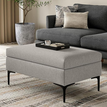 SIMPLIHOME Rebecca 36 inch Wide Mid Century Rectangular Coffee Table Storage Ottoman with Lift Up Lid in Cloud Grey Polyester linen Look, Assembled, For the Living Room, Entryway and Family Room