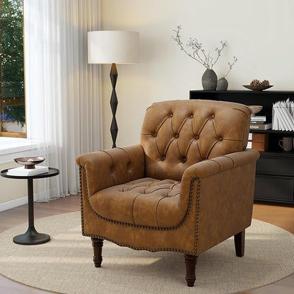 UIXE Faux Leather Accent Chair for Living Room, Upholstered Retro Armchair Tufted Club Arm Chair Single Sofa Lounge Bedroom Side Reading Seating with Solid Wood Legs, Camel