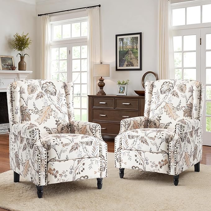 Recliner Chair, Upholstered Wingback Floral Pushback Armchair with Adjustable Backrest & Footrest, Comfy Accent Chair for Small Spaces, Living Room, Bedroom (Plants Beige, Set of 2)