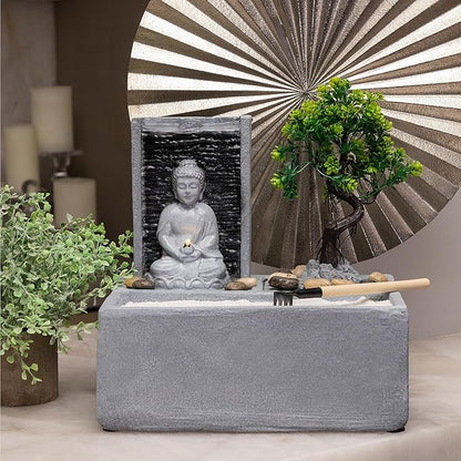 Alpine Corporation DIG278 13" Indoor/Outdoor Tabletop Fountain with LED Lights, Buddha Bonsai Garden Water Feature for Home, Patio & Desk Décor, Gray