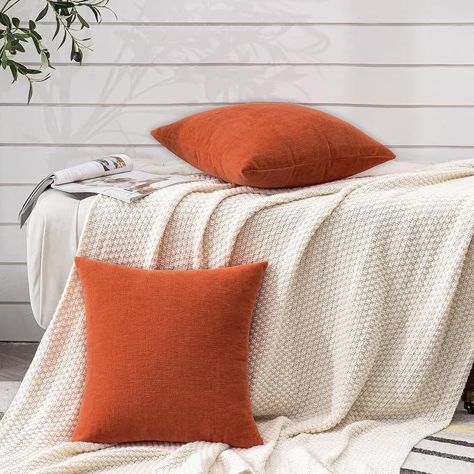GAWAMAY Decorative Chenille Throw Pillow Covers 26x26 Inch Pack of 2, Soft Square Couch Pillow Cover for Sofa Cushion Living Room Bedroom Solid Dyed Oversized Pillowcases Orange 66x66cm (ONLY Covers)