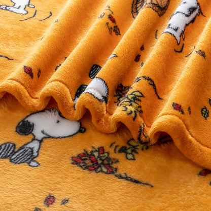 Berkshire Blanket Peanuts® VelvetLoft® Cute Character Snoopy Plush Throw Blanket,Snoopy and Woodstock Fall Birds & Leafs Orange,Throw 55 in x 70 in (Official Peanuts® Product)