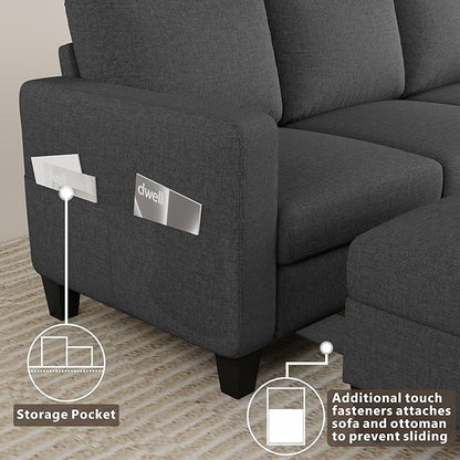 Sectional Sofa and Couches for Living Room, 78'' Dark Grey 3 Seat L-Shaped Couch with Movable Ottoman, Comfy Fabric Convertible Sectionals Sofas with Chaise for Apartment, Office, Small Space