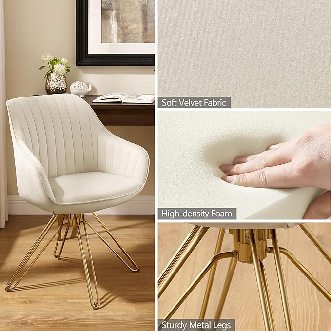 Zouron Mid Century Modern Swivel Accent Chair with Gold Metal Legs, Upholstered Desk Chair No Wheels, Side Office Arm Chair Vanity Chair for Small Space Home Office Living Room Bedroom, Beige