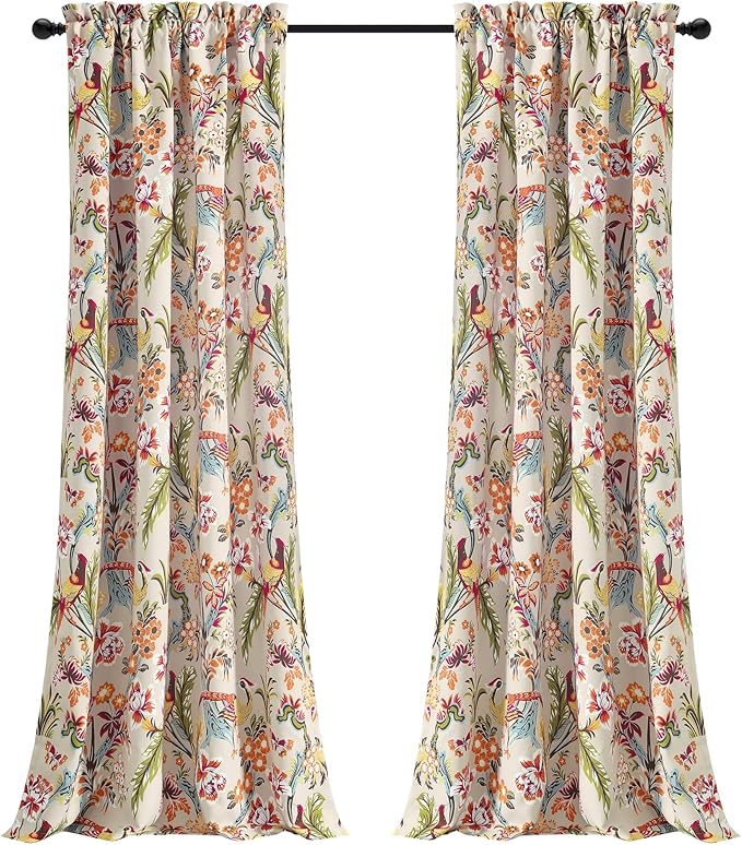 Lush Decor Dolores Light Filtering Window Panels, Pair, 52" W x 84" L, Neutral & Multi - Floral Curtains for Bedroom - Vintage Curtains - Coquette Room Decor