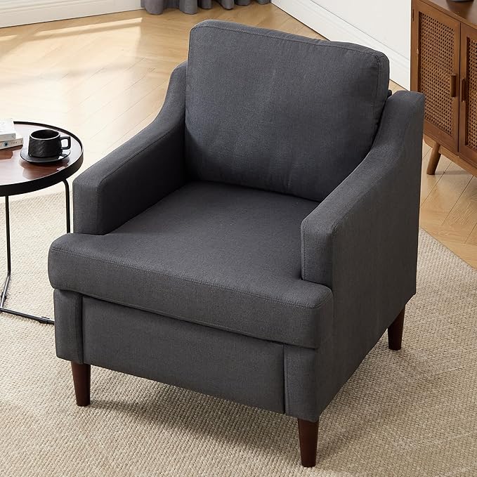 Mid-Century Accent Chair Modern Linen Fabric Armchair for Living Room,Comfy Upholstered Reading Chairs for Bedroom,Single Sofa Chair with Wood Legs (Darkgrey, Set of 2)