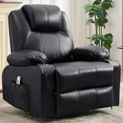 Oversized Swivel Rocker Recliner Sofa Chair with Heat and Massage, 360 Degree Swivel Single Sofa with Cup Holders and USB Port, Big Recliner Sofa Chair for Living Room(Leather, Smoky Black)