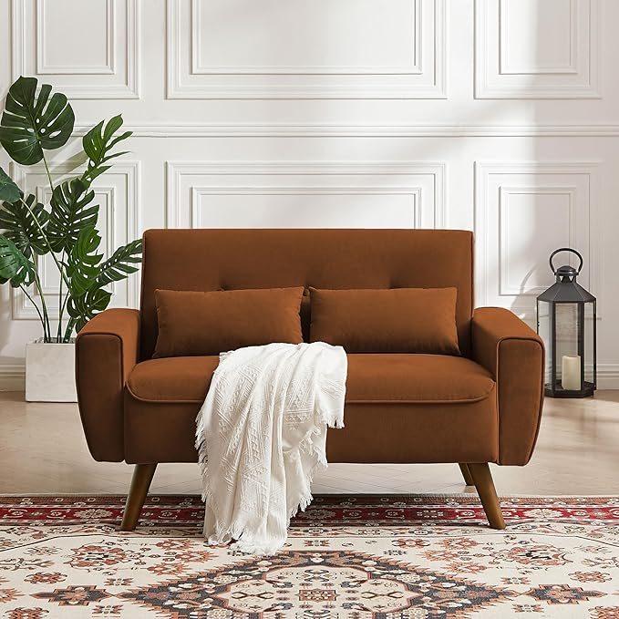 48" Small Loveseat Sofa, Mid Century Modern Love Seat Couch with Back Cushions and Plastic Legs, 2 Seater Couches for Living Room, Bedroom, Small Spaces, Orange