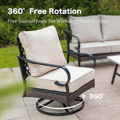 6 Piece Metal Outdoor Patio Furniture Set, Patio Conversation Set with 3-Seater Couch, 2 Fixed Sofa, 2 Swivel Sofa (5.75" Thick Cushion) & Coffee Table Black Backyard Furniture, Beige