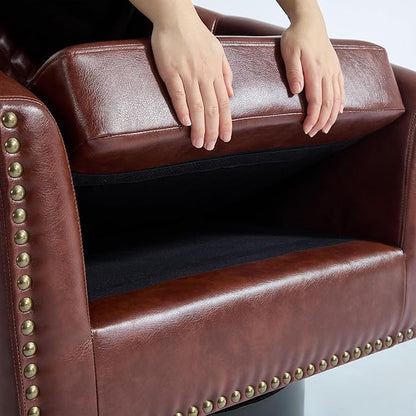 Pia Ricco Faux Leather Swivel Barrel Accent Chairs, 360° Swivel Round Single Sofa Chair, Comfy Upholstered Club Armchair with Nailhead Trim for Living Room/Reading Room/Bedroom, Red Brown