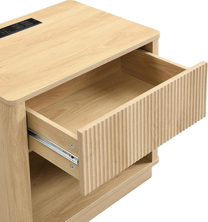 Christopher Knight Home Kyla Set of 2 Nightstand with Charging Station, Wooden Bedside Table/End Table with Outlet & USB Port for Bedroom/Living Room, Multipurpose Storage Cabinet with Drawer, Natural