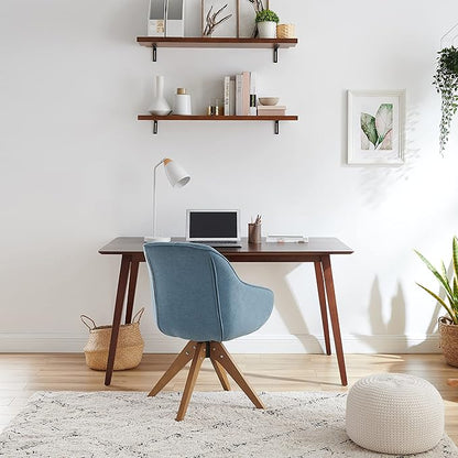Zouron Mid Century Modern Swivel Accent Chair, Vanity Chair with Wooden Legs, Upholstered Arm Chair No Wheels, Accent Side Chair for Small Space Home Office Living Room Bedroom, Azure