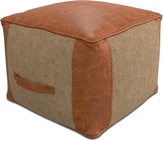 SIMPLIHOME Atkinson Boho Square Pouf in Tan Genuine Leather for the Living Room, Bedroom and Kids Room