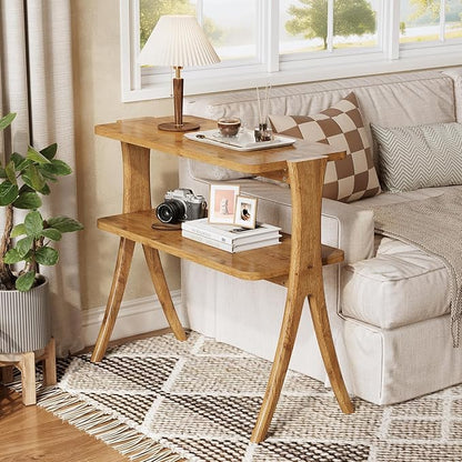 LITTLE TREE Narrow Side Table, 2-Tier Farmhouse End Table with Solid Wood Legs, Small Side Table, Space-Saver for Living Room, Bedroom, Entryway (Light Walnut)