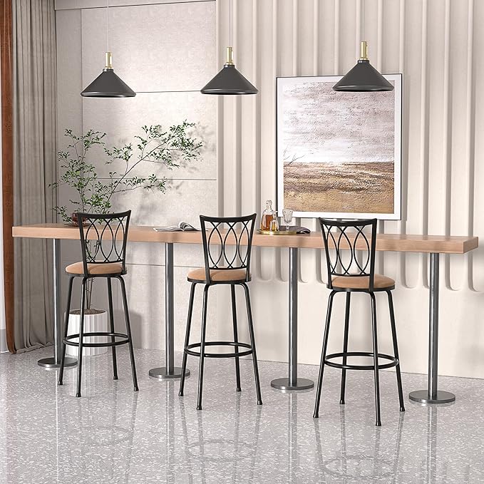 VECELO Barstools, Adjustable Counter Stools, Steel Bar Stools with 360 Degree Swivel Seat and Upholstered, Curved Line Backrest,
