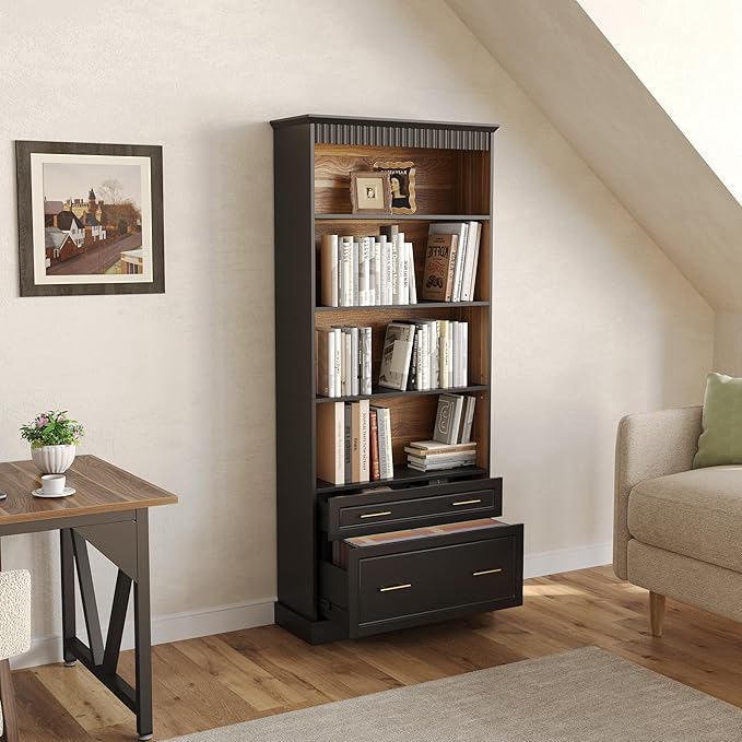 LITTLE TREE 72" Tall Black Bookcase, 5-Tier Office Bookself with File Cabinet Drawers,Modern Floor Standing Storage Filing Cabinet Book Shelf for Living Room,Bedroom