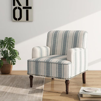 Accent Chair Set of 2, Mid Century Modern Comfy Armchair for Living Room, Linen Fabric Single Sofa Lounge for Reading Bedroom Apartment Waiting Room with Wood Legs-Blue Stripe