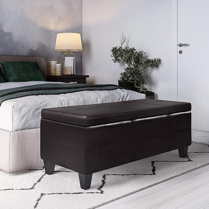 SIMPLIHOME Afton 48 inch Wide Contemporary Rectangle Storage Ottoman Bench in Tanners Brown Vegan Faux Leather, Assembled, For the Living Room and Bedroom