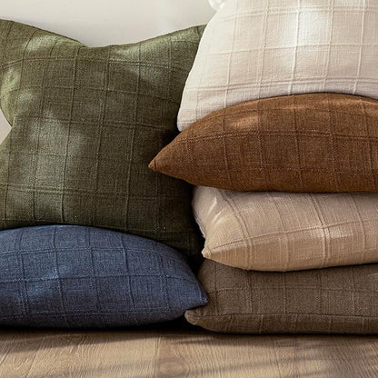 Foindtower Set of 2 Decorative Linen Check Throw Pillow Covers Neutral Farmhouse Vintage Cushion Covers Modern Boho Home Decor for Sofa Chair Couch Bedroom Living Room,16×16 Inch,Light Brown