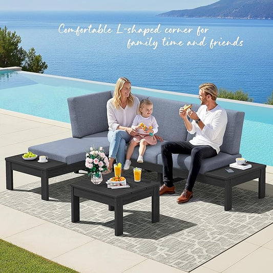 SERWALL HDPE Patio Furniture Set with 15FT Double Side Patio Umbrella, Outdoor Sofa Set, Seats 4, Modular Sectional Couch for Patio, Garden, Backyard, Black Frame with Grey Cushion
