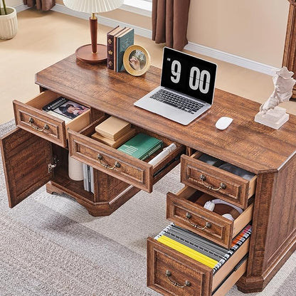 RedLemon 60" Executive Desk with Drawers,Wood Home Office Desk, Featuring Keyboard Tray,Charging Station,File Drawer, Storage Cabinet,for Work and Study (Reclaimed Barnwood)