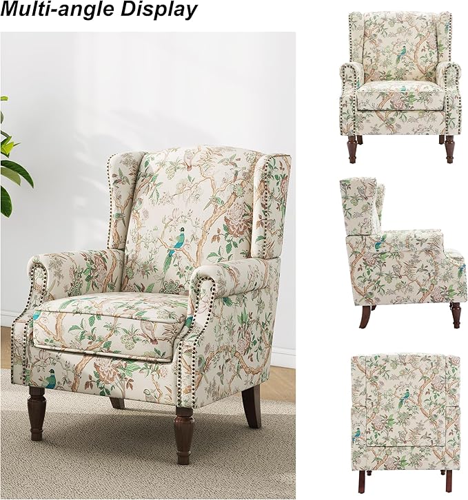 Accent Chair, Upholstered High Back Floral Armchair with Nailhead Trim & Wood Legs, Comfy Wingback Reading Single Sofa Chair for Small Spaces, Living Room, Bedroom