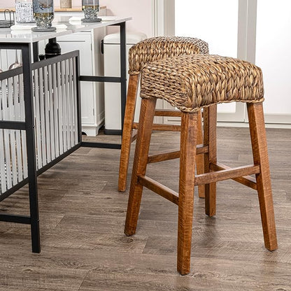 JONATHAN Y BSL1101A Maui 29.5" Rustic Bohemian Hyacinth/Wood Backless Bar Stool for Home, Kitchen, Dining Room, Workspaces, Cafes and Resturants, Brown Wash Woven Seat with Natural Wood Frame