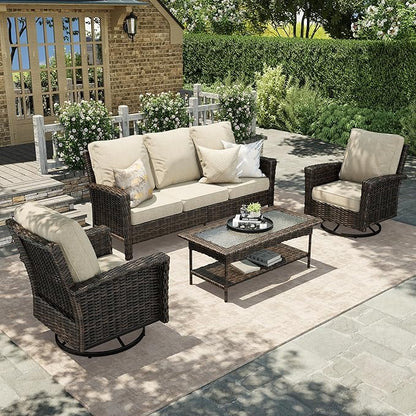 HERA'S HOUSE High Back Patio Furniture Set with Swivel Chairs, Outdoor Wicker Conversation Sets with 5.5" Comfy Cushions, 4 Piece Outside Sofa Sets, Beige