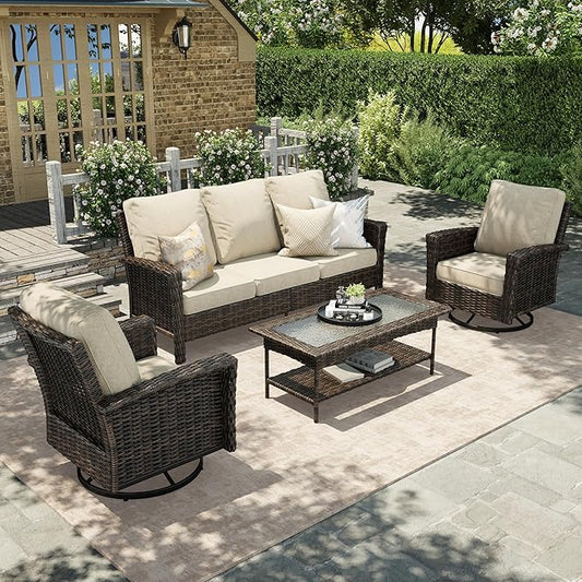 HERA'S HOUSE High Back Patio Furniture Set with Swivel Chairs, Outdoor Wicker Conversation Sets with 5.5" Comfy Cushions, 4 Piece Outside Sofa Sets, Beige