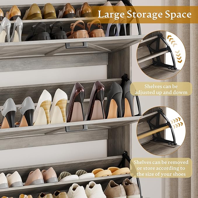 Shoe Cabinet Storage for Entryway, Shoe Storage Cabinet with 3 Flip Drawers, Freestanding Narrow Shoe Rack Organizer with Metal Legs & Side Hook for Foyer, Hallway, Grey