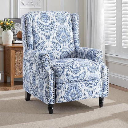 Pushback Recliner Chair, Floral Fabric Wingback Recliner Chair, Upholstered Armchair Push Back Recliner, Rivet Trim Single Sofa Accent Chair with Wood Legs for Living Room, Navy