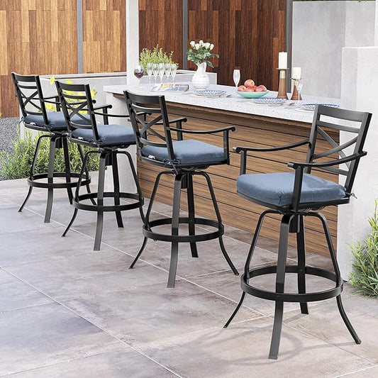 Pellebant 30" Sunbrella Outdoor Bar Stools Set of 4, Aluminum Swivel Patio Bar Height Bar Stools with Back & Footrest, for Deck Lawn Garden(Spectrum Denim)