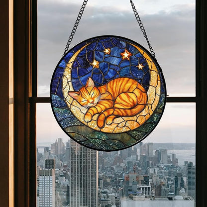 Stained Glass Window Hanging - Orange Moon Sleeping Cat Sun Catcher for Door Home Decor Blue Starry Sky Suncatcher Christmas Mother's Day Birthday Gifts for Women Men Mom Nana 11.8 in