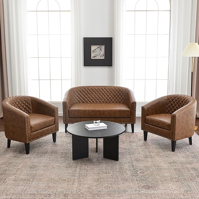 KINWELL 29" W Faux Leather Barrel Chairs Set of 2, Modern PU Upholstered Tufted Club Chairs with Nailhead Trim, Small Armchairs Accent Chairs for Living Room Bedroom Apartment Lounge Nursery, Coffee