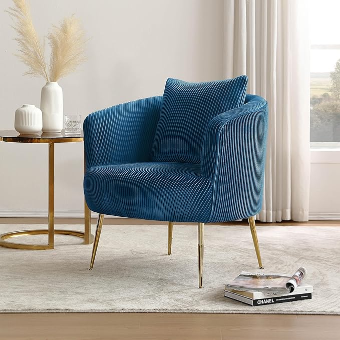 Art Leon Velvet Accent Chair, Upholstered Modern Single Sofa Chair, Comfy Barrel Chair with Golden Metal Legs for Living Room Bedroom, Blue