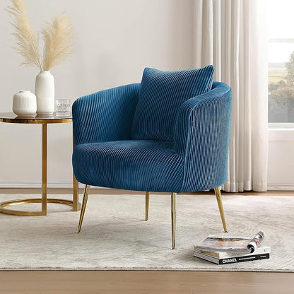 Art Leon Velvet Accent Chair, Upholstered Modern Single Sofa Chair, Comfy Barrel Chair with Golden Metal Legs for Living Room Bedroom, Blue
