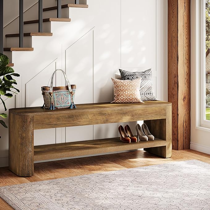 Tribesigns Farmhouse Entryway Bench, 53.5" Wood End of Bed Bench with Shoe Storage, 2-Tier Narrow Indoor Bench for Entryway, Bedroom, Hallway
