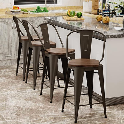 Aklaus Swivel Metal Bar Stools with Backs Counter Stools Set of 4 Counter Height Stools High Back Bar Chairs 26 Inch Barstools Farmhouse Rusty
