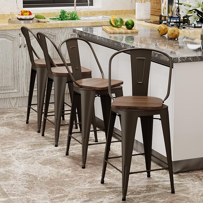 Aklaus Swivel Metal Bar Stools with Backs Counter Stools Set of 4 Counter Height Stools High Back Bar Chairs 24 Inch BarStools Farmhouse Rusty Barstools