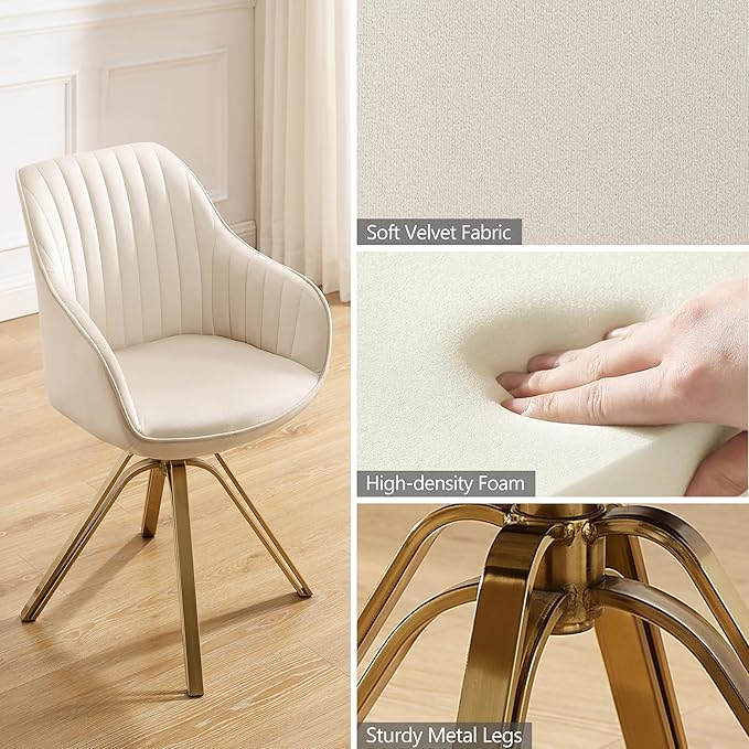 Zouron Mid Century Modern Swivel Accent Chair with Gold Metal Legs, Upholstered Swivel Chair No Wheels, Side Accent Arm Chair Vanity Chair for Small Space Home Office Living Room Bedroom, Off White
