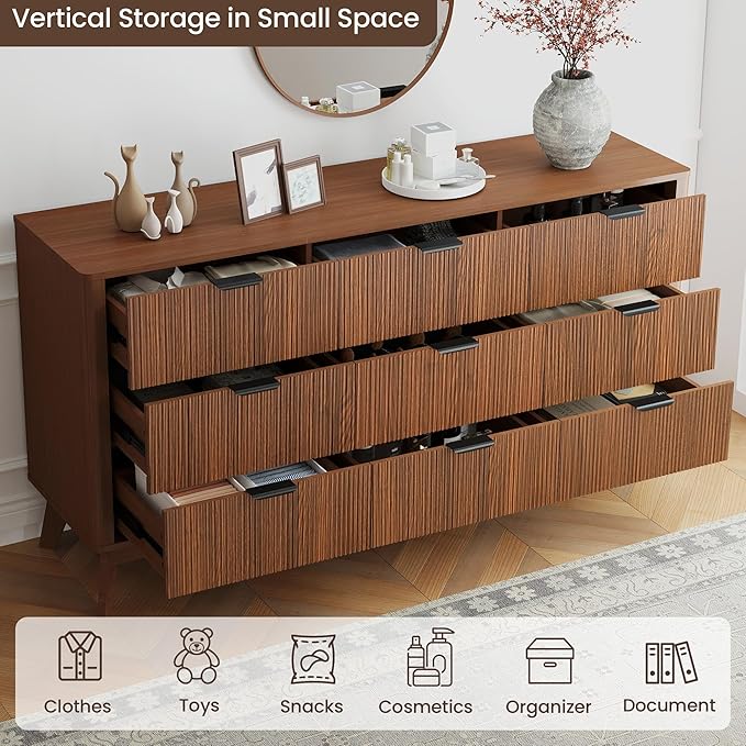 Fluted Dresser for Bedroom,59'' Modern Wooden Walnut Dresser with 9 Drawers, Bedroom Dressers, Natural Wood Chest of Drawers for Living Room, Hallway (Walnut)