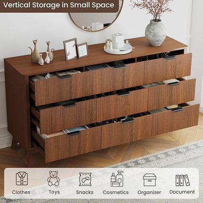 Fluted Dresser for Bedroom,59'' Modern Wooden Walnut Dresser with 9 Drawers, Bedroom Dressers, Natural Wood Chest of Drawers for Living Room, Hallway (Walnut)