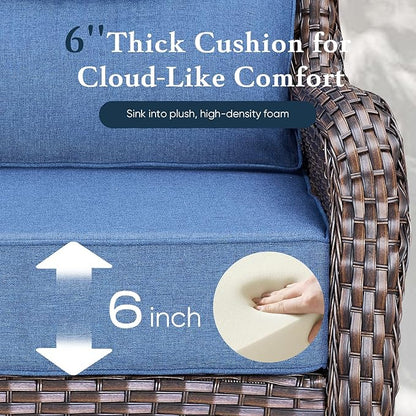Belord Luxury 6" Thick Cushioned 5 Pieces Patio Furniture Set with 2 Ottomans, Wicker Outdoor Conversation Set with High Back Swivel Rocker Patio Chairs for Deck Porch Yard and Poolside - Brown+Blue